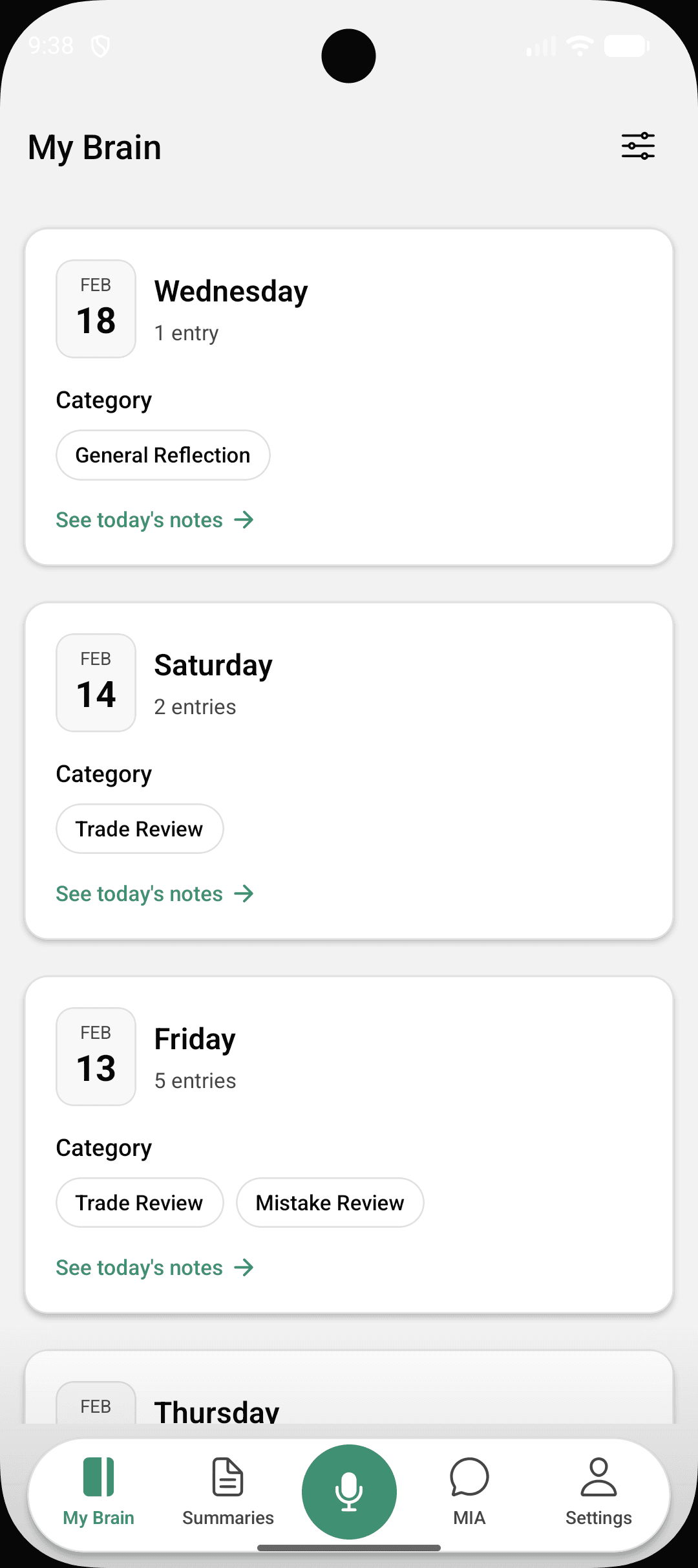 MIA app on Android — My Brain screen